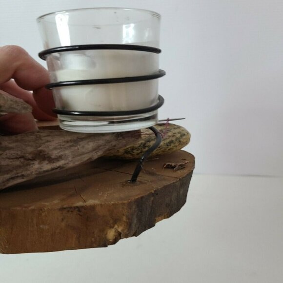 Hand Made Wood Slice Metal and Stone Candle Holder - Picture 5 of 11